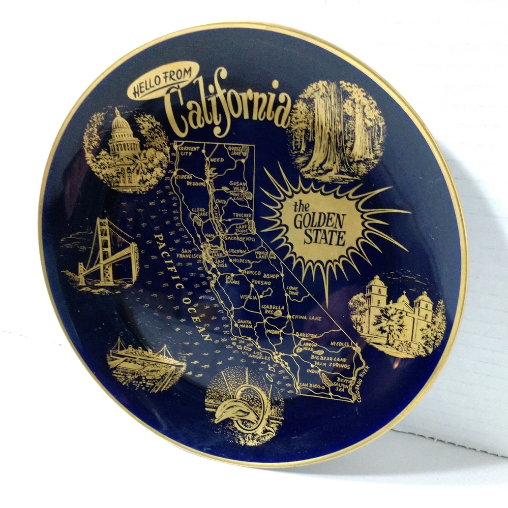 Vintage Lindner Plate Hello From California Cobalt and Gold